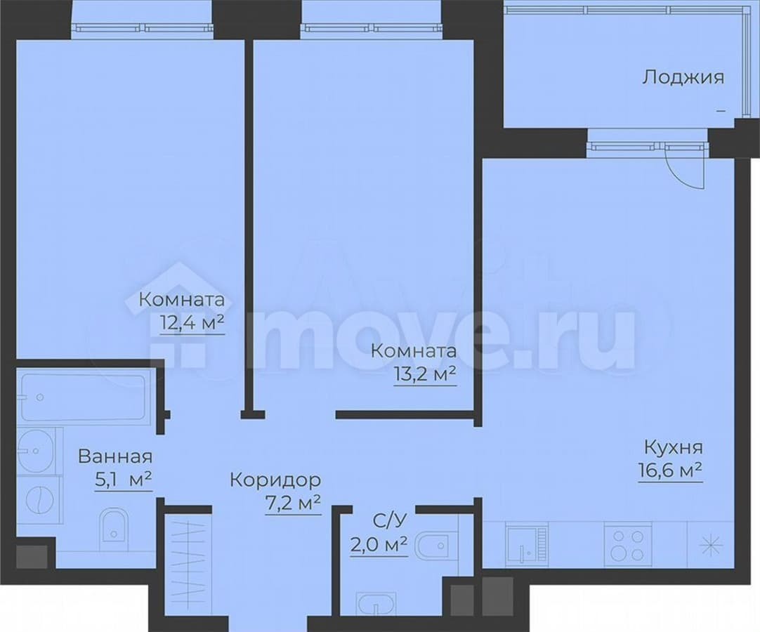 2-комн. квартира, 60.3 м²